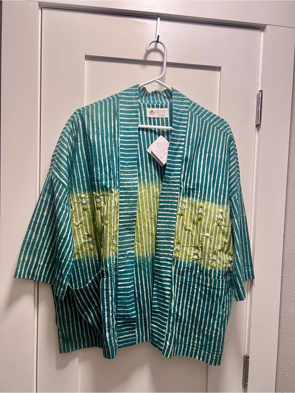 Striped Teal & Lime Open-Front Kimono Jacket by Mata Traders